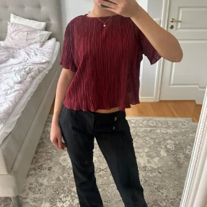 Vinröd plisserad topp - Säljer en superfin vinröd plisserad topp med korta ärmar. Den har en lös passform och är perfekt för både vardag och fest. Toppen är i ett lätt och luftigt material, vilket gör den skön att bära under varmare dagar.