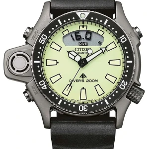 Citizen JP2007-17W Promaster Aqualand 44mm - Citizen dykklocka med en robust design. Den har en svart urtavla med lysande visare och markeringar, samt en digital display. Boetten är i rostfritt stål och klockan har en svart gummirem. Vattentät upp till 200 meter, perfekt för dykning.