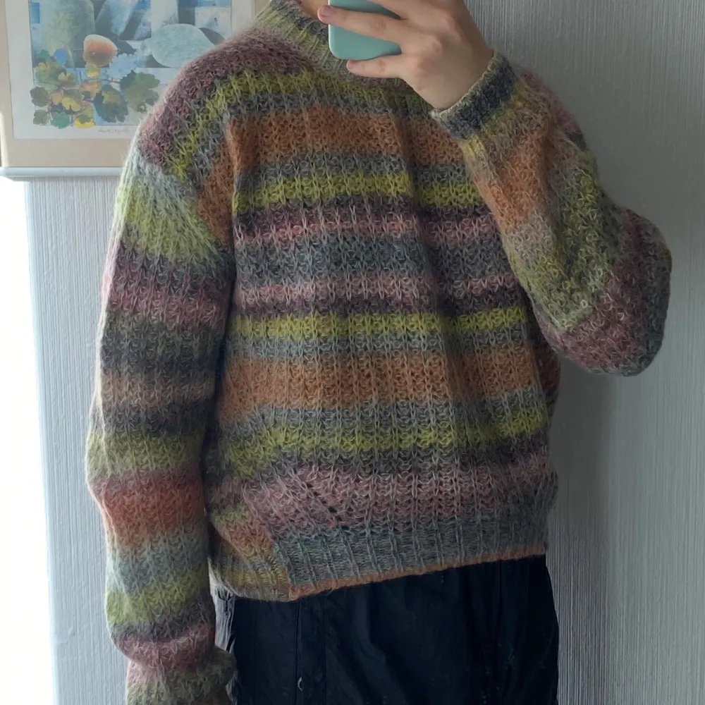 Such a cool piece from Acne Studios in a soft mohair/wool blend. Cozy knit in a amazing intrikate multi color. It has been gently used and is still in overall great  condition.Tagged S, fits S-M. Boxy & wide. For reference I’m 180cm and 73kg.. Stickat.