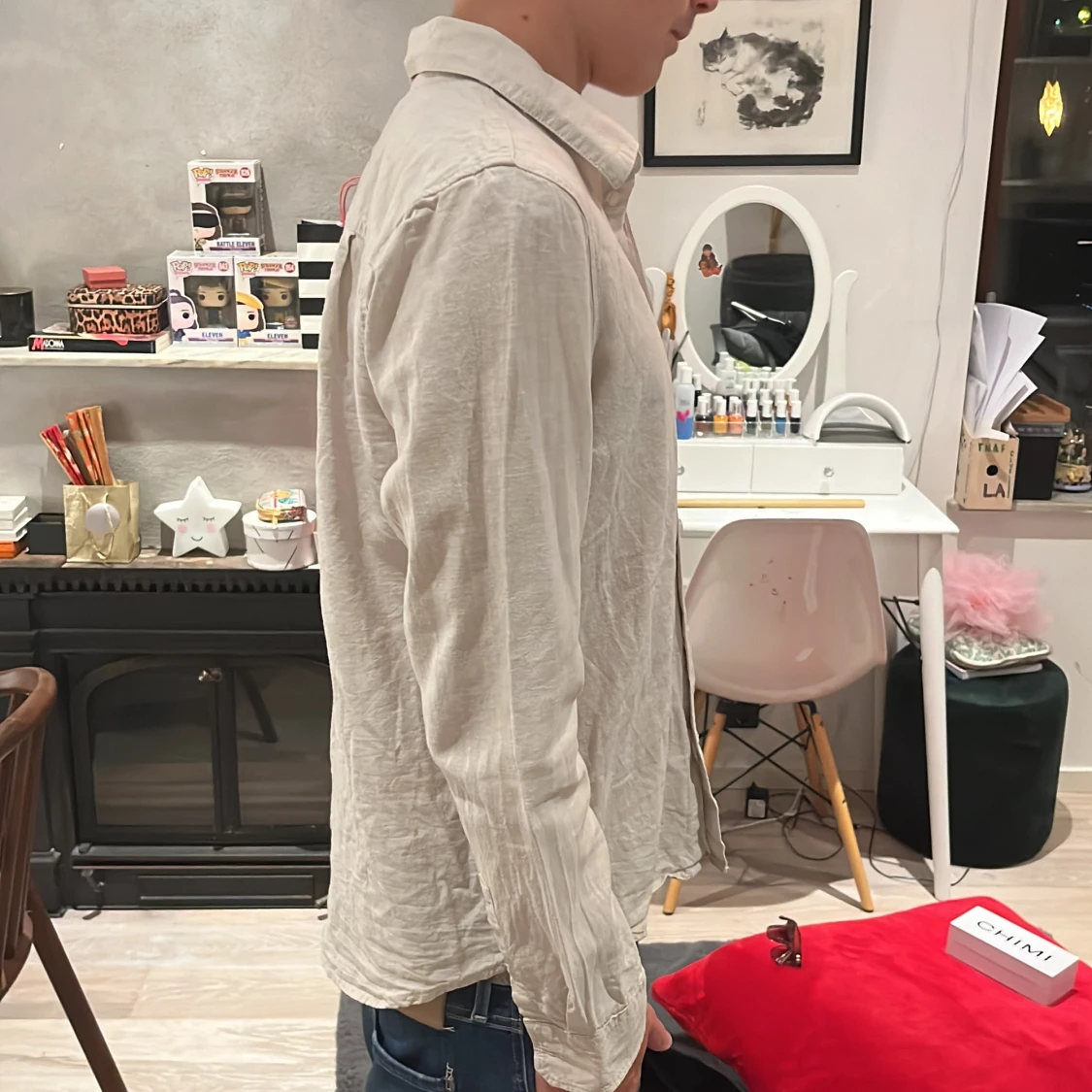 Beige långärmad linne skjorta från Lindex  - 2