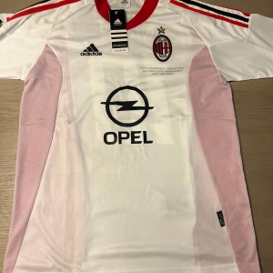 Vit AC Milan fotbollströja från Adidas - Säljer en vit AC Milan fotbollströja från Adidas med röda och svarta detaljer. Tröjan har korta ärmar och klubbens emblem på bröstet. Den har även texten 'Kaká' och nummer 10 på ryggen. Perfekt för fans av klubben!