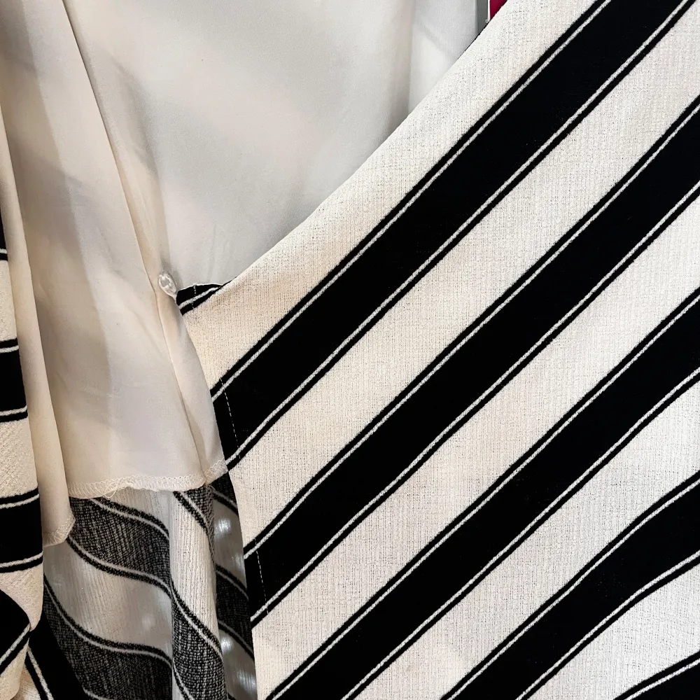 Snygg omlottklänning från H&M i svart och vitt med diagonala ränder. Klänningen har en knytning i midjan och är ärmlös, vilket ger en stilren look. Perfekt för en somrig dag eller en avslappnad kväll.. Mekot.