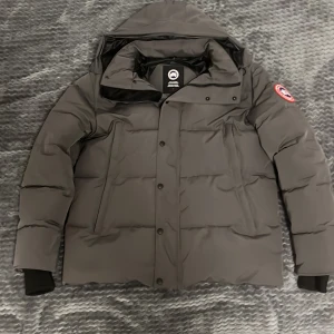 Grå dunjacka från Canada Goose - Säljer en grå dunjacka från Canada Goose med avtagbar huva och ikonisk logga på ärmen. Jackan har en stilren design med knappar och dragkedja framtill. Perfekt för kalla vinterdagar.