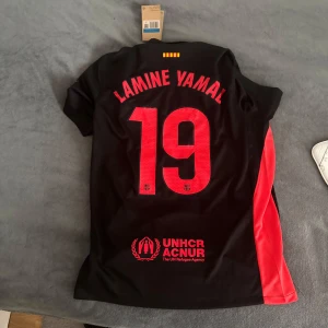 Svart fotbollströja med röd detalj - Snygg svart fotbollströja från Nike med röda detaljer och tryck. Tröjan har korta ärmar och ett klubbmärke på bröstet. Perfekt för fotbollsfans som vill visa sitt stöd.