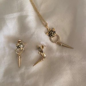 Guldigt smyckeset med leopardmönster - Snyggt smyckeset i guld med leopardmönster. Säljer pgr av att den inte passar. Setet består av ett halsband och matchande örhängen, båda med spetsiga detaljer. Som nya skriv innan ni köper!🐆✨