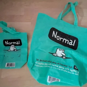 Turkosa shoppingväskor från Normal - Två turkosa shoppingväskor från Normal med ett roligt tryck av en tecknad figur. Perfekta för att ta med när du handlar. Väskorna är rymliga och har bekväma handtag för enkel bärning. Återanvändbara och miljövänliga!