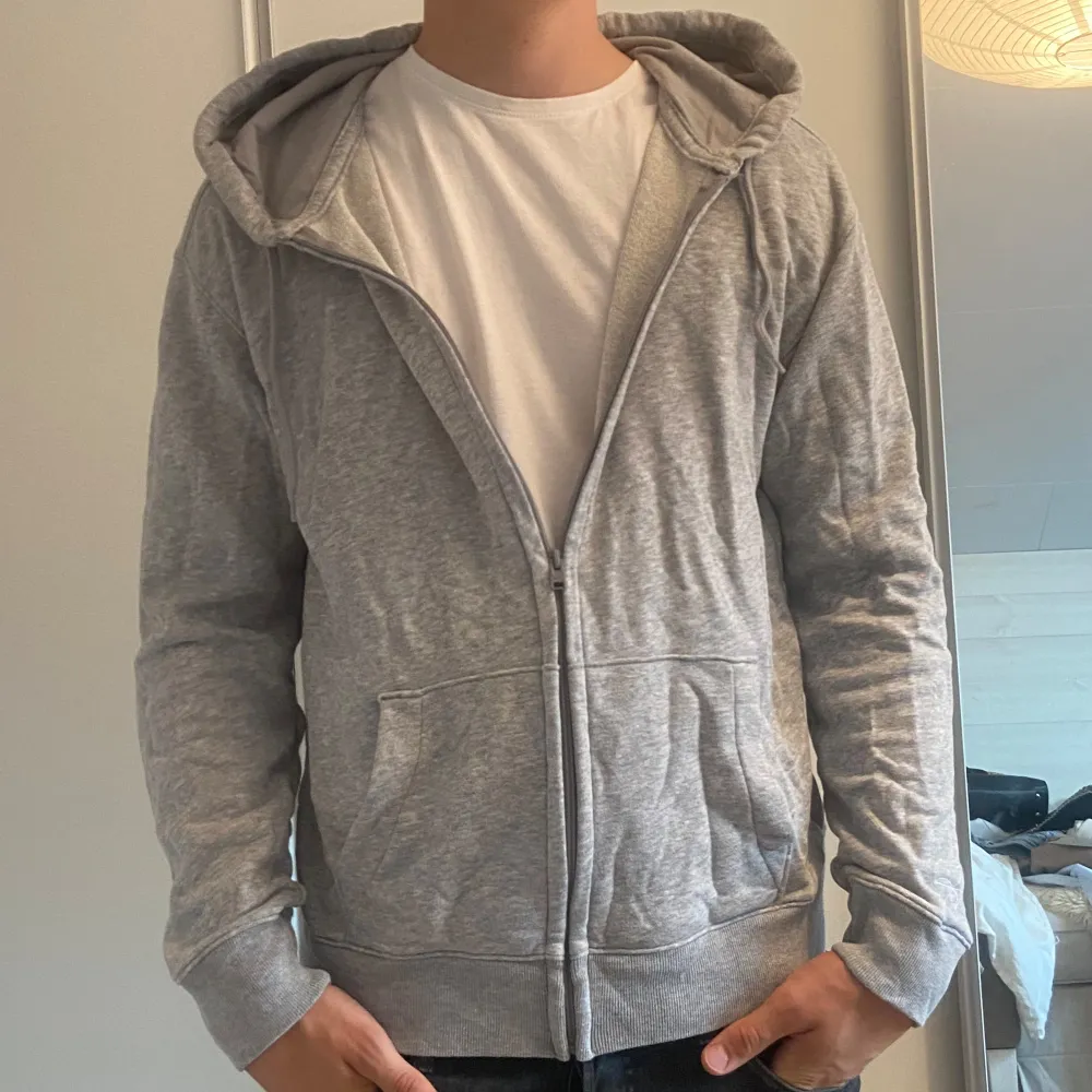 Ljusgrå zip-hoodie från Hollister. Tröjor & Koftor.