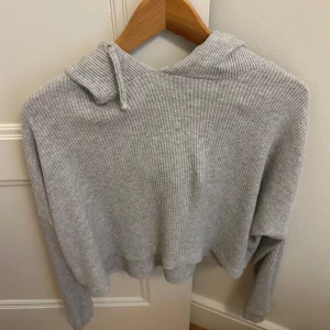 Grå ribbad hoodie från Bik Bok - Säljer en  grå ribbad hoodie från Bik Bok. Tröjan har en croppad passform och långa ärmar.🩶