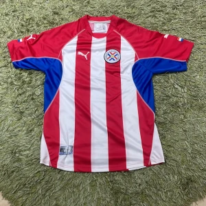 Röd och vit randig fotbollströja från Puma - Snygg fotbollströja från Puma med röd och vit randigt mönster. Tröjan har korta ärmar och blå detaljer på sidorna. Perfekt för fotbollsfans som vill visa sitt stöd. 🏆