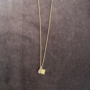 Halsband med berlocker - Guldfärgat halsband med två berlocker (en sten och en kvadratformad med kartliknande motiv). Bra skick, ask medföljer. Kedjans längd: 45 cm