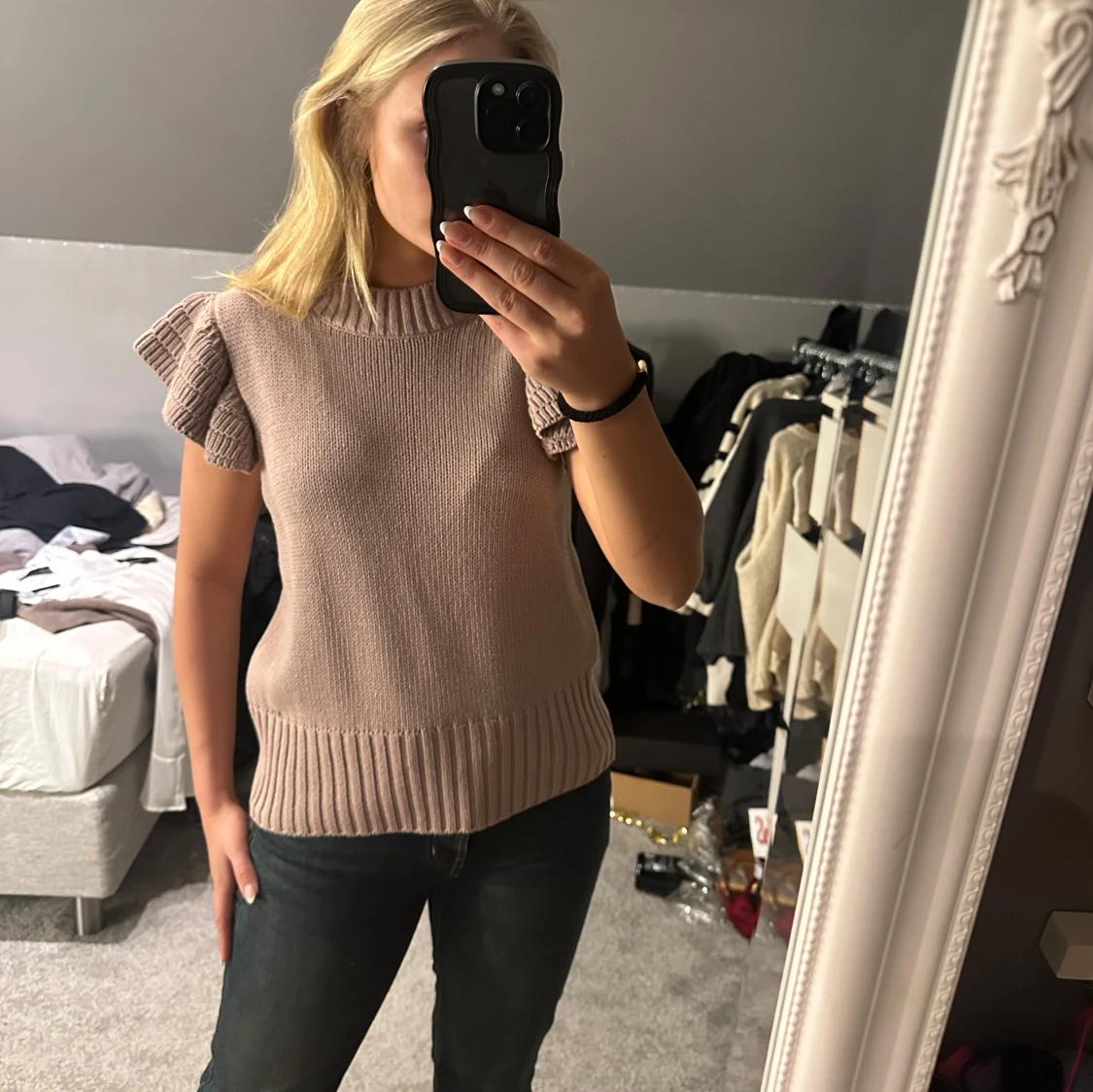 Beige/rosa stickad topp med volangärmar - 2