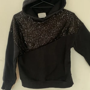Svart hoodie med paljetter från Zara - Säljer en snygg svart hoodie från Zara med glittriga paljetter på övre delen. Den är perfekt för att ge lite extra bling till din vardagslook. Hoodien har långa ärmar och en bekväm passform. Perfekt för höst och vinter!