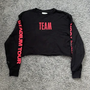 Svart croppad tröja från Bieber Stadium Tour - Säljer en svart tröja från Bieber Stadium Tour som är avklippt en bit. Tröjan har röda tryck med texten 'TEAM' på framsidan och 'STADIUM TOUR' på ärmarna. På baksidan står det 'BIEBER' med en lista över turnéstoppen. Den har en liten fläck på ena ärmen. 