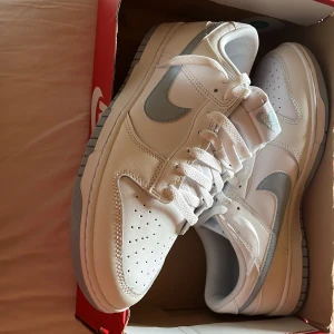 Vit och ljus blåa  - Otroligt snygga nike dunk skor perfekta till våren och sommaren. Skorna är aldrig använda och har bara legat i lådan och väntat på att bil använda men eftersom de är för stora för mig så säljer jag dem nu för toppen pris. Orginal pris runt 1500 men säljer nu dem för 900 kr.