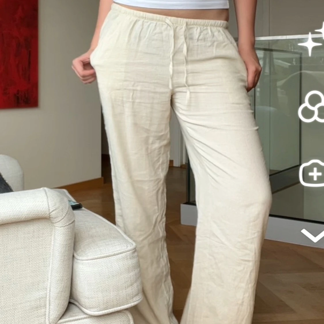 Beige linnebyxor med resårmidja