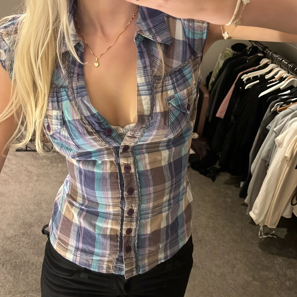 Rutig blus med korta ärmar - 90