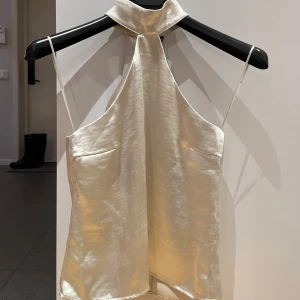 Guldig halterneck topp från Gina Tricot - Säljer en elegant guldig halterneck topp från Gina Tricot. Toppen har en glansig finish och är ärmlös med en stilren design. Perfekt för en kväll ute eller en speciell tillställning.