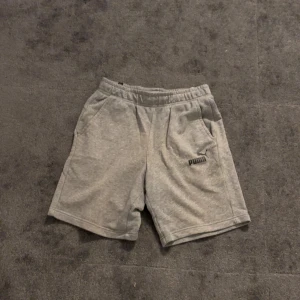 Grå shorts från Puma - Säljer ett par grå shorts från Puma. De har en elastisk midja och sidofickor, perfekt för en avslappnad stil. Puma-loggan är broderad på ena benet.