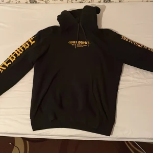 Svart hoodie med tryck - Säljer en svart hoodie med gult tryck på ärmarna och text på bröstet. Baksidan har ett stort rött och svart tryck med texten 'The Future is Near. Embrace it.' Perfekt för en cool och avslappnad stil.