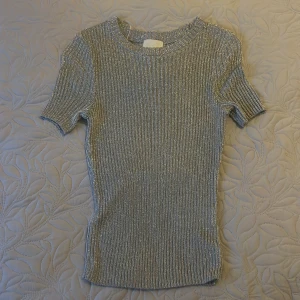 Glittrig silvertröja från H&M - Säljer en superfin glittrig tröja i silver från H&M. Den är ribbad och har korta ärmar, perfekt för en festlig kväll. Tröjan är i mycket bra skick och ger en snygg och stilren look. Passar perfekt till både jeans och kjol!