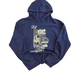 Mörkblå Fishbone hoodie  - Säljer en cool mörkblå/grå hoodie från Fishbone (färgen syns bäst på sista bilden) i storlek XL. Skiftet y2k hoodie i bra skick. Måtten finns i bilderna.