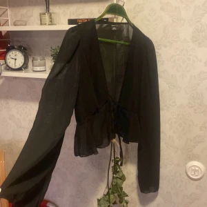Svart blus från Shein - Snygg svart blus från Shein i storlek M. Den har långa ärmar och en knytning framtill som ger en elegant touch. Perfekt för både vardag och festliga tillfällen. Materialet är lätt och luftigt, vilket gör den bekväm att bära.