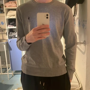 Grå tröja från Ralph Lauren - Säljer en stilren grå tröja från Ralph Lauren med rund hals och ribbade muddar. Tröjan har en liten broderad logotyp på bröstet. Perfekt för en avslappnad och snygg look. Ralph lauren taggen ä borta där av priset 