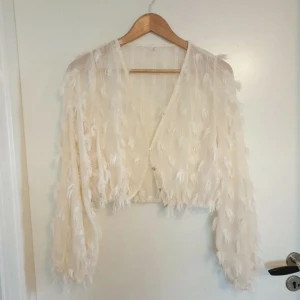 Beige blus med fjäderdetaljer - Säljer en elegant beige blus med fjäderdetaljer och knappar framtill. Blusen har en v-ringad design och är croppad med långa ärmar. Passar xs-m