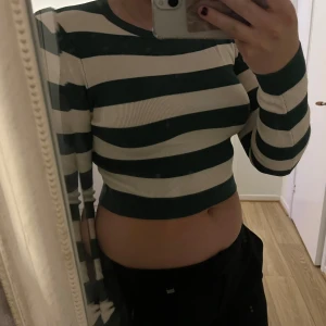 Randig croppad tröja - Säljer en randig croppad tröja i grönt och beige. Tröjan har långa ärmar och är perfekt för en trendig look. Den är ribbad och har en tight passform.