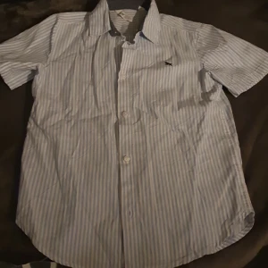 Randig kortärmad skjorta - Säljer en stilren ljusblå randig skjorta i ljusblått och vitt. Skjortan är kortärmad och har knappar framtill. Perfekt för sommardagar eller en avslappnad vårlook. Den är i bra skick och passar både till vardags och festligare tillfällen.