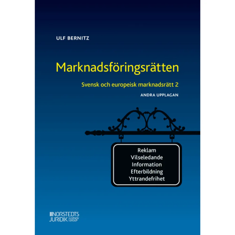 Marknadsföringsrätten är en grundläggande bok i ämnet. Den ger en samlad framställning av området på grundval av marknadsföringslagen och den bakomliggande unionsrätten. Denna andra upplaga är till stora delar omarbetad eller omskriven.Boken behandlar både skyddet för konsumenter och för näringsidkare mot otillbörliga affärsmetoder av olika slag. Den lägger särskild tyngdpunkt på ämnesområdets centrala frågor, såsom bedömningen av vilseledande marknadsföring och efterbildning samt utvecklingen i domstolarnas omfattande praxis.Boken är helt fristående i förhållande till Svensk och europeisk marknadsrätt 1, som särskilt behandlar konkurrensrätten.Boken är avsedd både som lärobok och som ett arbete till ledning vid den praktiska tillämpningen av marknadsföringslagen.ULF BERNITZ är professor i Europarätt vid Stockholms universitet och har lång erfarenhet av ämnesområdet som författare och rådgivare. Han ledde den statliga utredning som ledde fram till 1995 års marknadsföringslag. Han är även knuten till University of Oxford.    Format Häftad   Omfång 209 sidor   Språk Svenska   Förlag Norstedts Juridik AB   Utgivningsdatum 2020-08-18   ISBN 9789139209515  . Böcker.