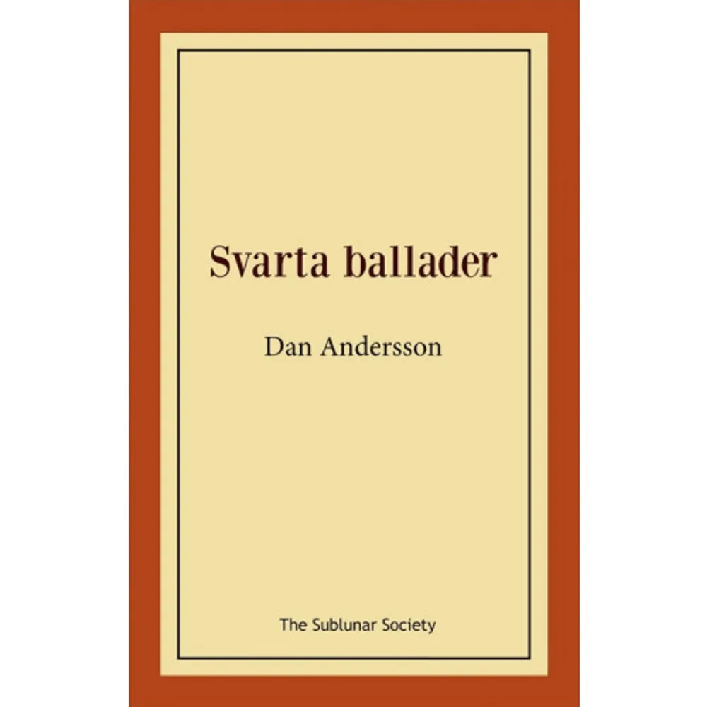 Dan Anderssons Svarta ballader (1917) är en av Sveriges mest älskade diktsamlingar. De många tonsättningarna av hans dikter har gjort honom känd för de flesta. I den här relativt andligt präglade diktsamlingen är eftervärlden, riket bortom bergen och botgöringens värld centrala inslag. Hos Svarta balladers 28 dikter är ett vanligt tema de utstötta, avvikarna, de som har svårt med livet och gemenskapen - Karis-Janken, Tiggar-Stina, den återvändande fången. Även för de anpassade kan livet bli tungt, som för gamlingen på livets höst, för Paljaka-Anders på dödsbädden och för styrmännen och matrosen på krogen i Hull.    Format Häftad   Omfång 92 sidor   Språk Svenska   Förlag The Sublunar Society   Utgivningsdatum 2018-04-15   ISBN 9789188221155  . Böcker.