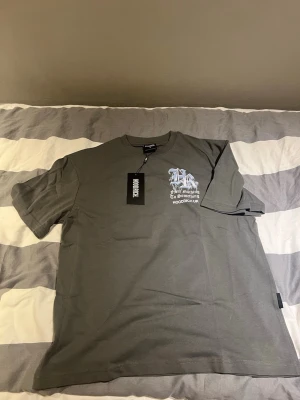 Grå Hoodrich t-shirt med tryck - Säljer en grå t-shirt från Hoodrich med stort blåvitt tryck på ryggen och mindre tryck på bröstet. T-shirten har rund hals och korta ärmar. Perfekt för dig som gillar streetwear och vill sticka ut med cool textdesign.