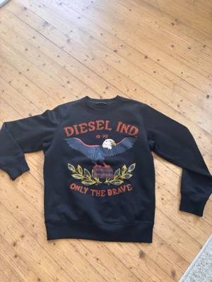 Svart sweatshirt från Diesel med örntryck - Säljer en svart sweatshirt från Diesel med stort tryck av en örn, texten 'DIESEL IND', 'ONLY THE BRAVE' och detaljer i rött, gult och vitt. Tröjan har rund hals och ribbade muddar vid ärmar och nederkant. Väldigt bra skick. Knappt använd. 