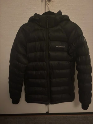 Peak Performance - Säljer en svart dunjacka från Peak Performance med huva och dragkedja framtill. Jackan har en quiltad design och logga på bröstet samt ärmen. Perfekt för kalla vinterdagar och riktigt skön att bära. Jackan är knappt använd och har inga defekter, hör av er vid fråger.