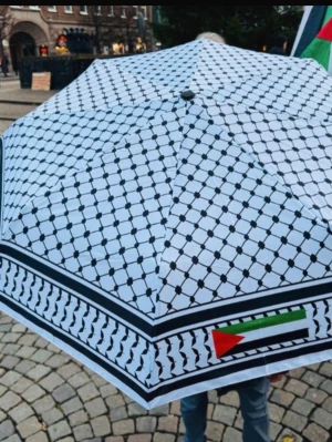 Paraply med palestina-mönster - Säljer ett vitt paraply med svart rutmönster inspirerat av keffiyeh-design och en liten palestinsk flagga på kanten. Paraplyet är hopfällbart och har ett praktiskt handtag. Perfekt för regniga dagar när du vill sticka ut lite extra.