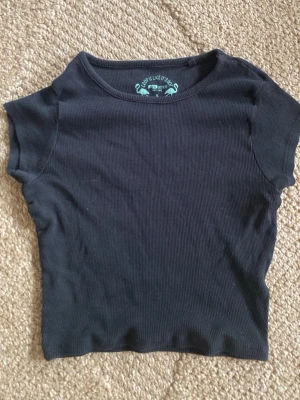 Svart croppad ribbad topp FBSister - Säljer en svart croppad topp från FBSister i ribbad bomull. Toppen har korta ärmar och en tight passform som framhäver figuren. Perfekt till höga jeans eller kjol. Enkel och stilren design med rund hals.
