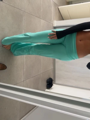 Mintgröna mjukisbyxor Gina Tricot - Säljer ett par mintgröna mjukisbyxor från Gina Tricot i storlek S. Byxorna har utsvängda ben och bred resår i midjan för en skön och avslappnad look. Perfekta för chill dagar eller när du vill vara bekväm men ändå se snygg ut.