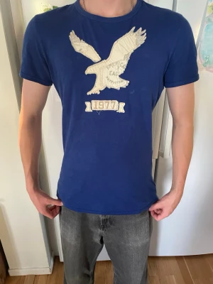 Blå t-shirt från American Eagle - American Eagle t shirt ser ut som en fläck men de är bara nåt me bilden. öppen för bud såklart fler bilder kan skickas privat Str S  
