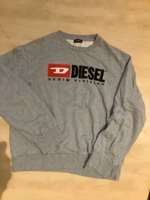 Grå sweatshirt från Diesel - Grå sweatshirt från Diesel med stort tryck framtill i svart och rött där det står 'Diesel Denim Division'. Tröjan har rund halsringning, långa ärmar och ribbade muddar vid ärmslut och nederkant. Perfekt för en avslappnad och trendig look. Storlek S-M