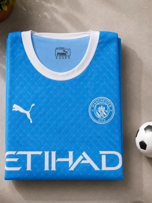 Manchester City matchtröja Puma - Snygg ljusblå Manchester City matchtröja från Puma med vita detaljer och klubbmärke på bröstet. Tröjan har rund halsringning, korta ärmar och tryckt sponsorlogga framtill. Perfekt för fotbollsträning eller att bära till vardags.