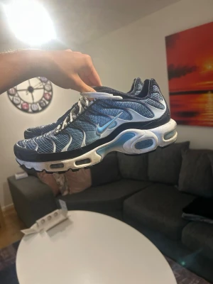 Nike Air Max Plus blå/vit sneakers - Nike Air Max Plus sneakers i blått och vitt med ikoniska vågmönster och synlig Air-dämpning i sulan. Skorna har mesh-överdel, vita snören och Tn-logga på hälen. Perfekta för dig som gillar streetwear och sportig stil.