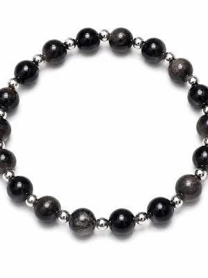 Armband med silver sheen obsidian kristaller för honom  - Vackert armband med 8 mm silver sheen obsidian som är en naturlig vulkanisk glassten. Svart glansig med silver reflex. Mellandelar av rostfritt stål. Ca 20 cm elastiskt.