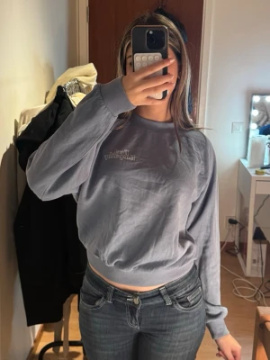 Ljusblå sweatshirt med tryck - Säljer en ljusblå sweatshirt med tryck på bröstet. Super skön och i bra skick!💕
