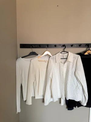 Paket med vita och ljusa toppar - Säljer ett paket med flera vita och ljusa toppar i olika modeller. Innehåller långärmade tröjor, blusar, linne och kortärmade toppar. Några har v-ringning, spetsdetaljer eller broderier. Perfekt för dig som gillar stilrena och enkla plagg i basfärger.