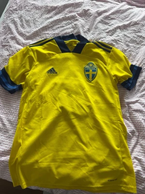 Svensk landslagströja Ekdal #8 Adidas - Gul svensk landslagströja från Adidas med blå detaljer och nummer 8 samt namnet Ekdal på ryggen. Tröjan har korta ärmar, blå ränder på axlar och ärmslut samt landslagets emblem på bröstet. Tillverkad i lätt och ventilerande material.