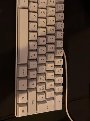Vit kompakt tangentbord med nordisk layout - Säljer ett vitt kompakt tangentbord med nordisk layout och vita tangenter. Tangentbordet har en minimalistisk design och ansluts med kabel. Perfekt för dig som vill ha ett stilrent och smidigt tangentbord till datorn.