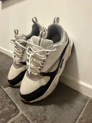 Chunky vita sneakers med meshdetaljer - Säljer ett par chunky sneakers i vitt med meshdetaljer och svarta samt beige partier. Skorna har grov sula och vita snören. Sval design med dragflikar på plös och häl. Sulan har CD-logga undertill och är tillverkad i Italien.