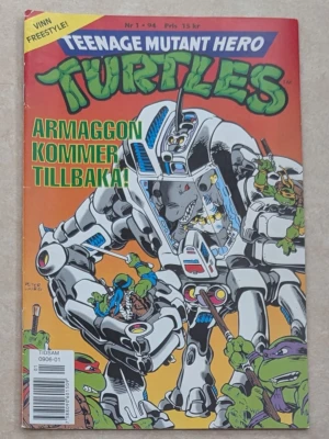 Teenage Mutant Hero Turtles nr 1-94 - Serietidning med färgstarkt omslag där Turtles slåss mot en robotstyrd haj, Armaggon. Omslaget är orange med gröna, blå och lila detaljer. Texten är tryckt i grönt, vitt och rött. Perfekt för dig som gillar actionfyllda äventyr och klassiska seriehjältar.