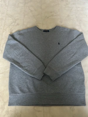 Grå sweatshirt från Polo Ralph Lauren - Klassisk grå sweatshirt från Polo Ralph Lauren med rund halsringning och den ikoniska mörkblå broderade loggan på bröstet. Tillverkad i mjukt bomullsmaterial och har ribbade muddar vid ärmslut och nederkant. Perfekt för en avslappnad och stilren look.